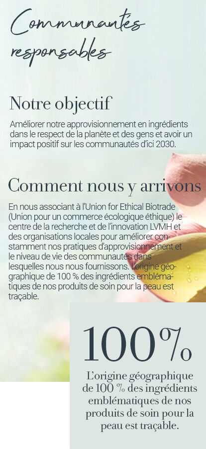 Our goal: To Improve our ingredient sourcing with respect to the planet and people, and make a positive impact in the communities where we source by 2030. How we're getting there: By partnering with Union for Ethical Bio Trade, the LVMH Research and Innovation Center, and local organizations to continuously improve our sourcing practices and local livelihoods where we source our ingredients. 100% of our skincare hero ingredients are traceable to their specific geographic origin.